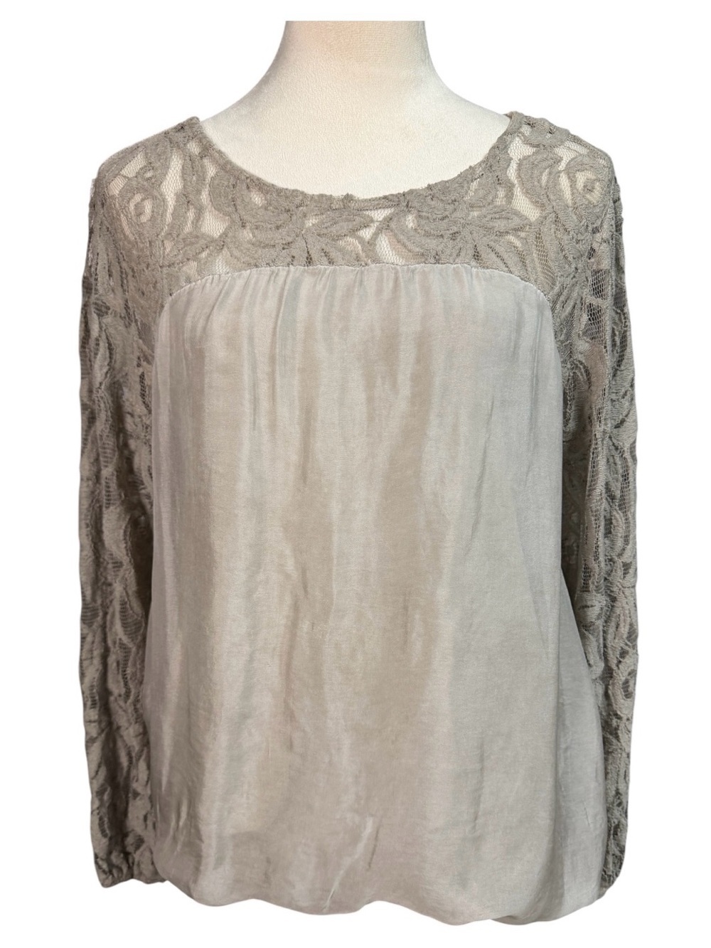 Piazza Roma 100% Silk Lace Long Sleeve Blouse taupe Size L  Made in Italy